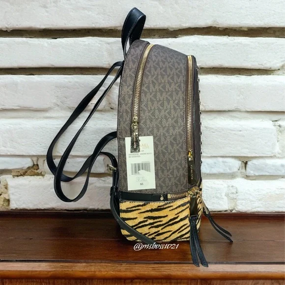 Micheal Kors Rhea Studded Logo and Tiger Print Calf Hair Backpack + Wallet NWT
